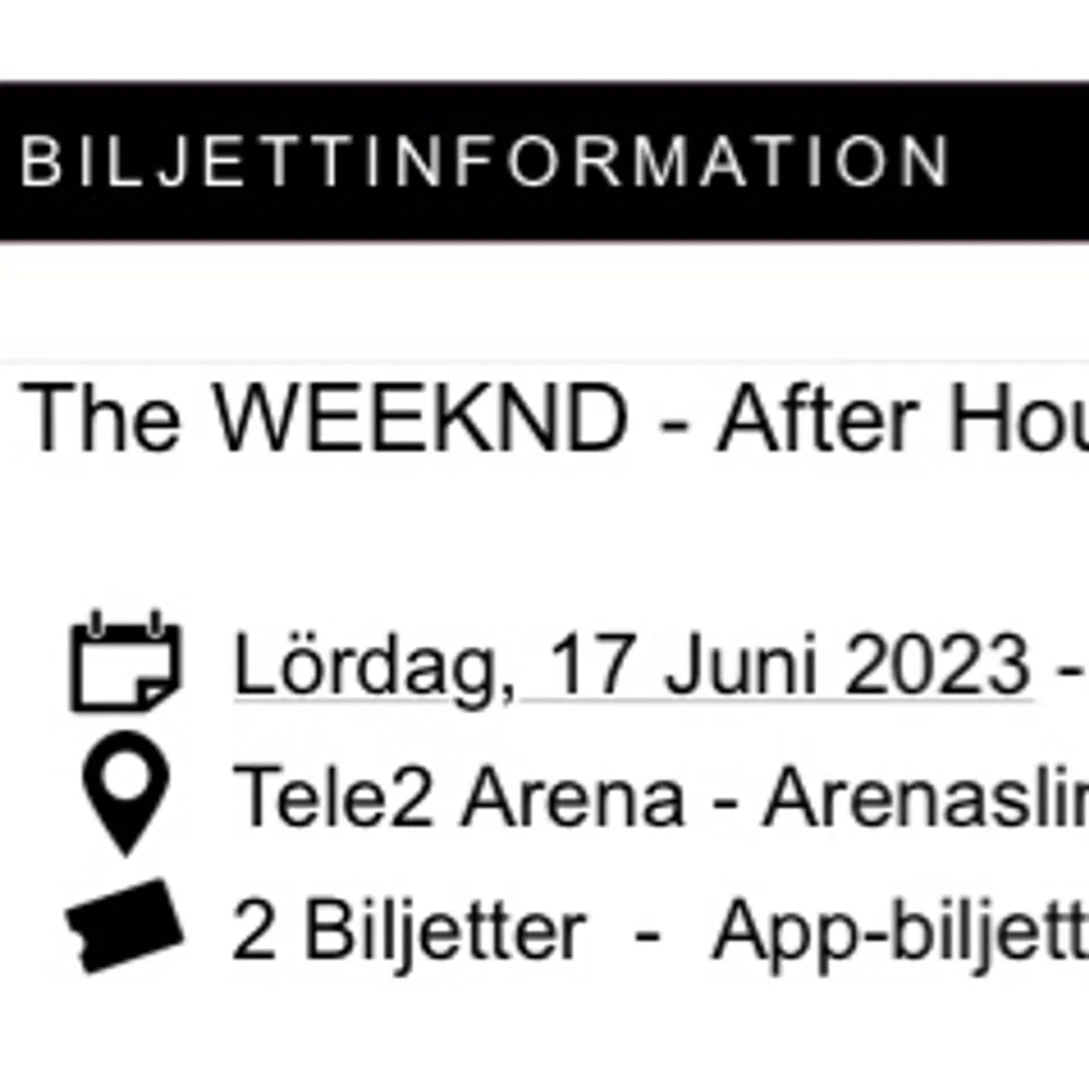 Säljer två biljetter för The Weeknds konsert i stockholm den 17 juni, köpta för 1650kr sammanlagt. Platser: B326 | 12 | 274-275. . Övrigt.