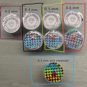 Tråd olika storlekar - 0,2 0,4 0,5 0,6 - Tråd i storlekarna - 0,2 mm, 0,4 mm, 0,5 mm, 0,6 mm!  Den som är längst ner är 0,5 mm men den är elastisk.  Alla trådar för 65 kr eller en för 10kr