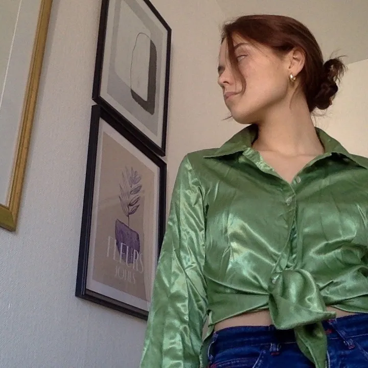 Skjorta i en SJUKT snygg grön färg! Monstera for reference:’—)Glansigt ballt material. Och ja, skjortan är snyggare när den är struken haha:((  Frakt ingår i priset!. Skjortor.