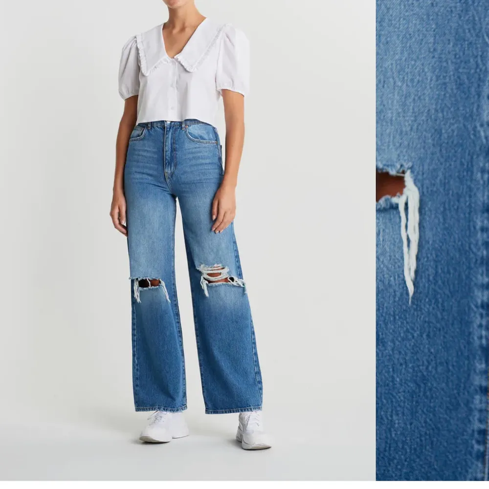 Säljer mina helt oanvända jeans från gina tricot (Idun wide jeans) då de inte riktigt var min stil. Ny pris 599kr jag säljer de för 400kr. Storlek 36💙. Jeans & Byxor.