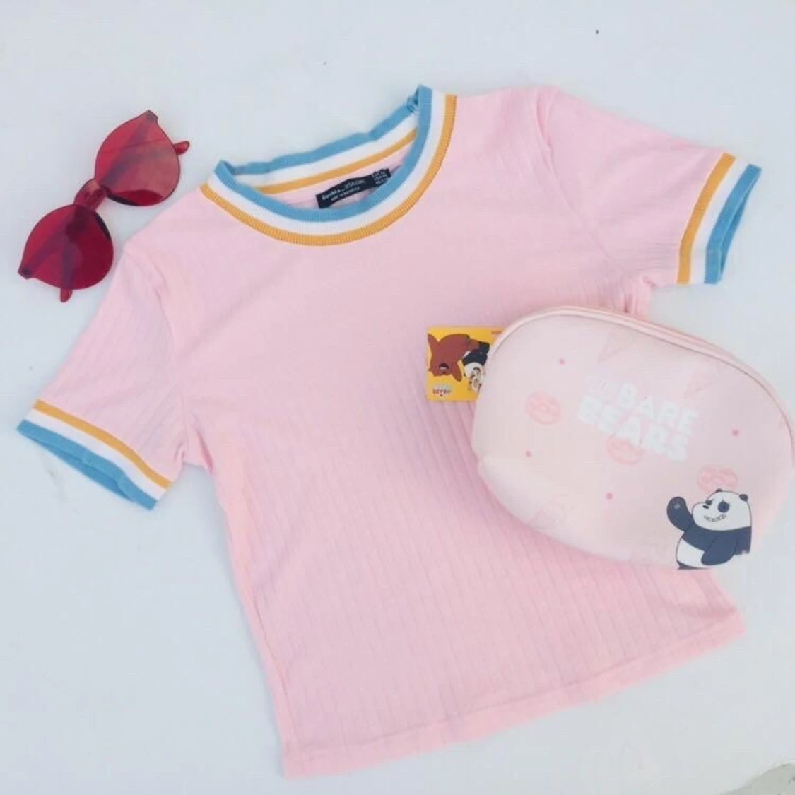 Rosa ribbad Bershka croptop, t-shirt