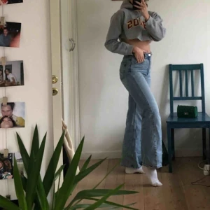  - En grå cropped hoodie med trycket ”chaos” från Urban Outfitters. Snörena är lite sönder.