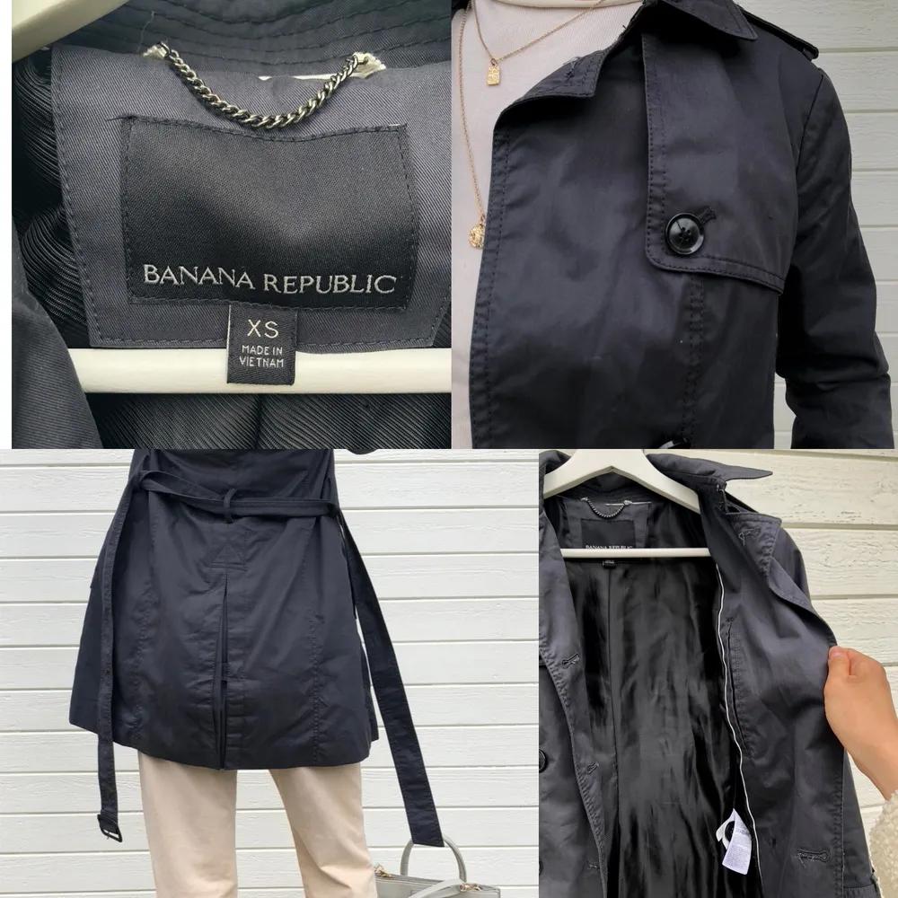 Sparsamt använd trench coat från Banana Republic i mörkgrå. En inneficka, två ytterfickor samt medhörande skärp. Vattenresistent yttermaterial i bomull och polyester. Strl. XS och normal i passformen. Ordinarie pris: 2589 kr. Modellen är 164 cm. . Jackor.