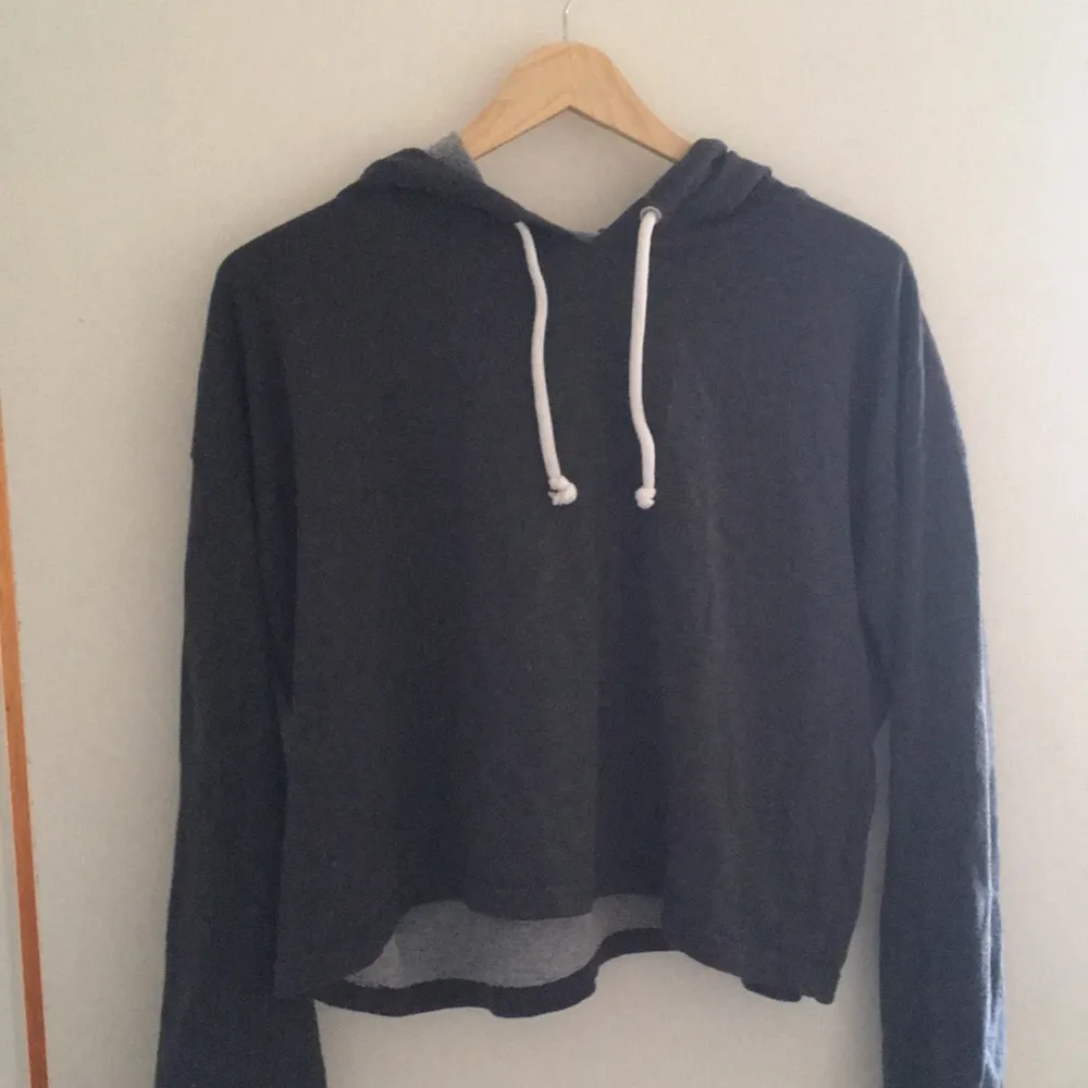 mörkgrå magtröja från H&M med huva och i mjukt, skönt material! liten fläck på ena ärmen, typ ett kritstreck, men annars gott skick! . Hoodies.