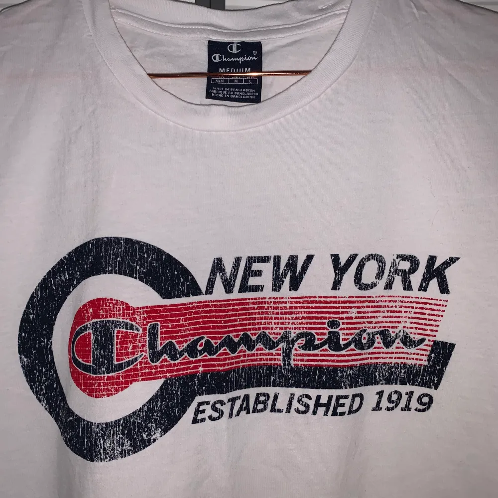 En fin vit t-shirt från Champion. Använd ca 2 gånger så är som ny! Köparen står för frakten, 50 kr och bara skicka om du vill ha fler bilder🥰. T-shirts.