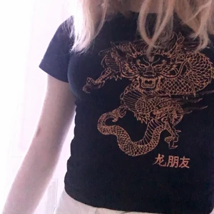 Kort svart T-shirt  - Kort svart T-shirt med en drake på. Den är köpt i Tyskland på en tysk affär som heter Ckh och tror ej att den finns i Sverige. Bra skick och inte så jätte andvänd. Kontakta mig om intresse💗