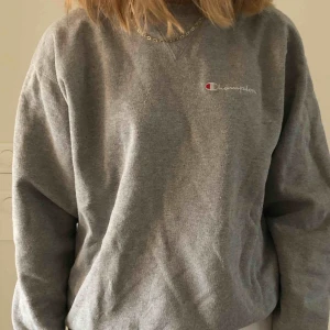  - Grå Champion Sweatshirt med vita, blå och röda detaljer. Storlek L men passar mig S/M/L. Köpt på secondhand. 