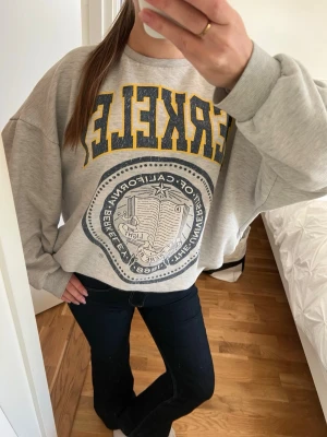 Grå Berkeley college sweatshirt - Oversized grå sweatshirt med stort Berkeley-tryck i gult och blått samt universitetslogga framtill. Mjuk bomullskänsla och ribbade muddar vid ärmslut och midja. Perfekt för en avslappnad och cool stil. Har några fläckar men de syns knappt