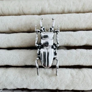 Silvrig brosch i form av skalbagge - Cool brosch i form av en skalbagge i blankt silverfärgat metallmaterial. Broschen har detaljerade former och en unik design som sticker ut. Perfekt accessoar för att ge din outfit en personlig touch.