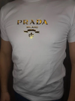 Vit t-shirt  - Säljer en clean vit t-shirt  med guldfärgad logga och emblem på bröstet. Klassisk passform och korta ärmar, perfekt till jeans eller shorts. Materialet känns mjukt och skönt mot huden.