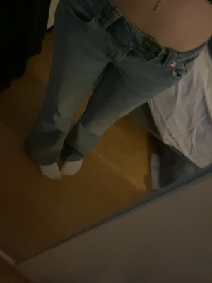 Ljusblå bootcut-jeans med brodyr - Säljer ett par ljusblå bootcut-jeans från 157 med snygg brodyr på bakfickorna. Jeansen har klassisk femficksdesign, hällor för skärp och är tillverkade i denim. Perfekta för dig som gillar en avslappnad men trendig stil.