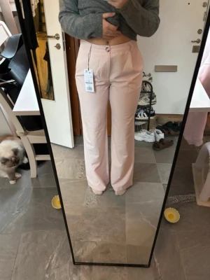 Ljusrosa vida byxor strl 38 - Säljer ett par ljusrosa byxor i storlek 38 med hög midja och raka, vida ben. Byxorna har knapp och dragkedja framtill samt fickor på sidorna. Perfekta för en clean och trendig look.