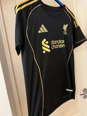 Svart liverpool koncept T-shirt - Säljer en svart Liverpool-tröja från Adidas i slim fit med gula detaljer och loggor. Tröjan har rund hals, korta ärmar och är tillverkad i polyester. Om du vill ha eget tryck och ditt namn där bak hör av dig!