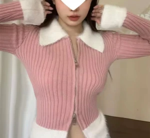 Rosa ribbad topp lång ärmar  - Längd 48