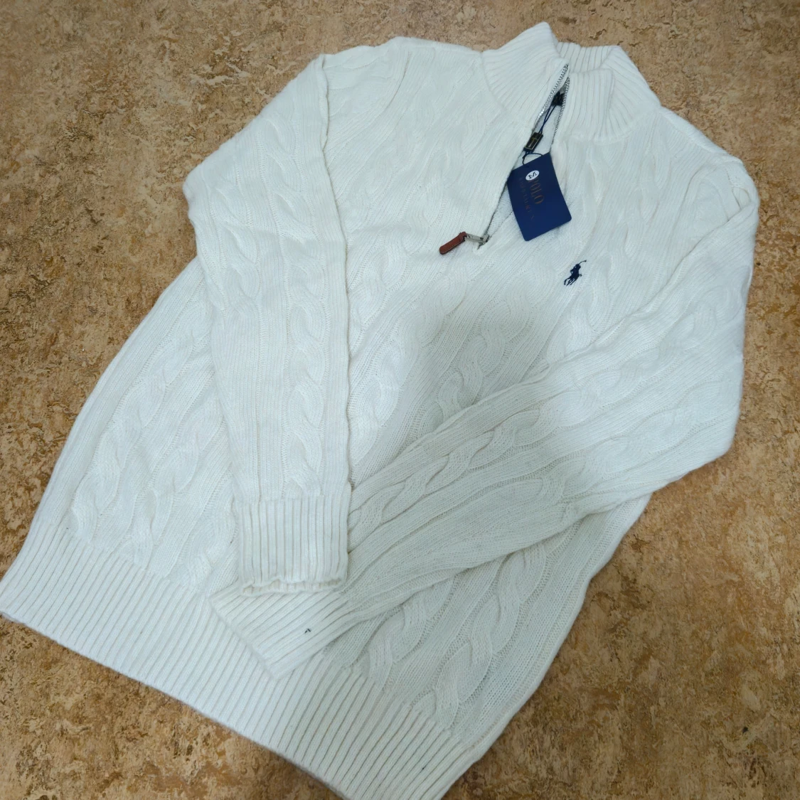 Vit kabelstickad quarter zip polo Ralph Lauren