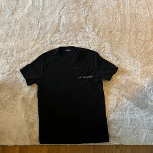 Svart v-ringad t-shirt Emporio Armani - 2 för 450kr! Svart t-shirt storlek M från Emporio Armani med v-ringning och diskret logga på bröstet. En klassisk och simpel tröja med stretchigt material och korta ärmar. Inte använt någon av tröjorna men lite liten i storlek på mig.