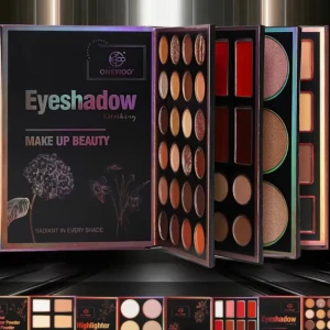 Stor sminkpalett från Oneyioo - Säljer en multifunktionell sminkpalett från Oneyioo med ögonskuggor i nude, guld, koppar och glitter, highlighters i champagne och rosé, samt läppstift i rött, nude och rosa. Paletten har rundade och rektangulära pans och är perfekt för dig som vill ha allt samlat.