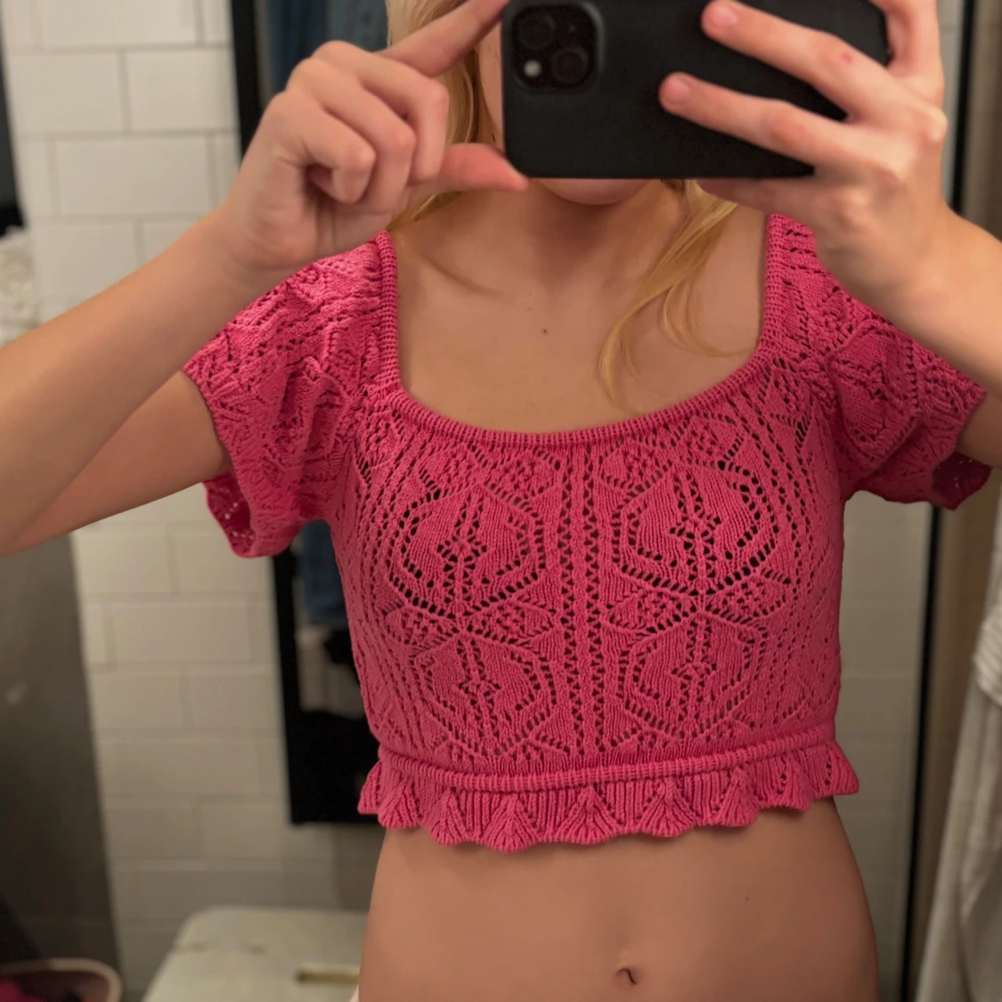Rosa stickad croppad bolerotopp - 2