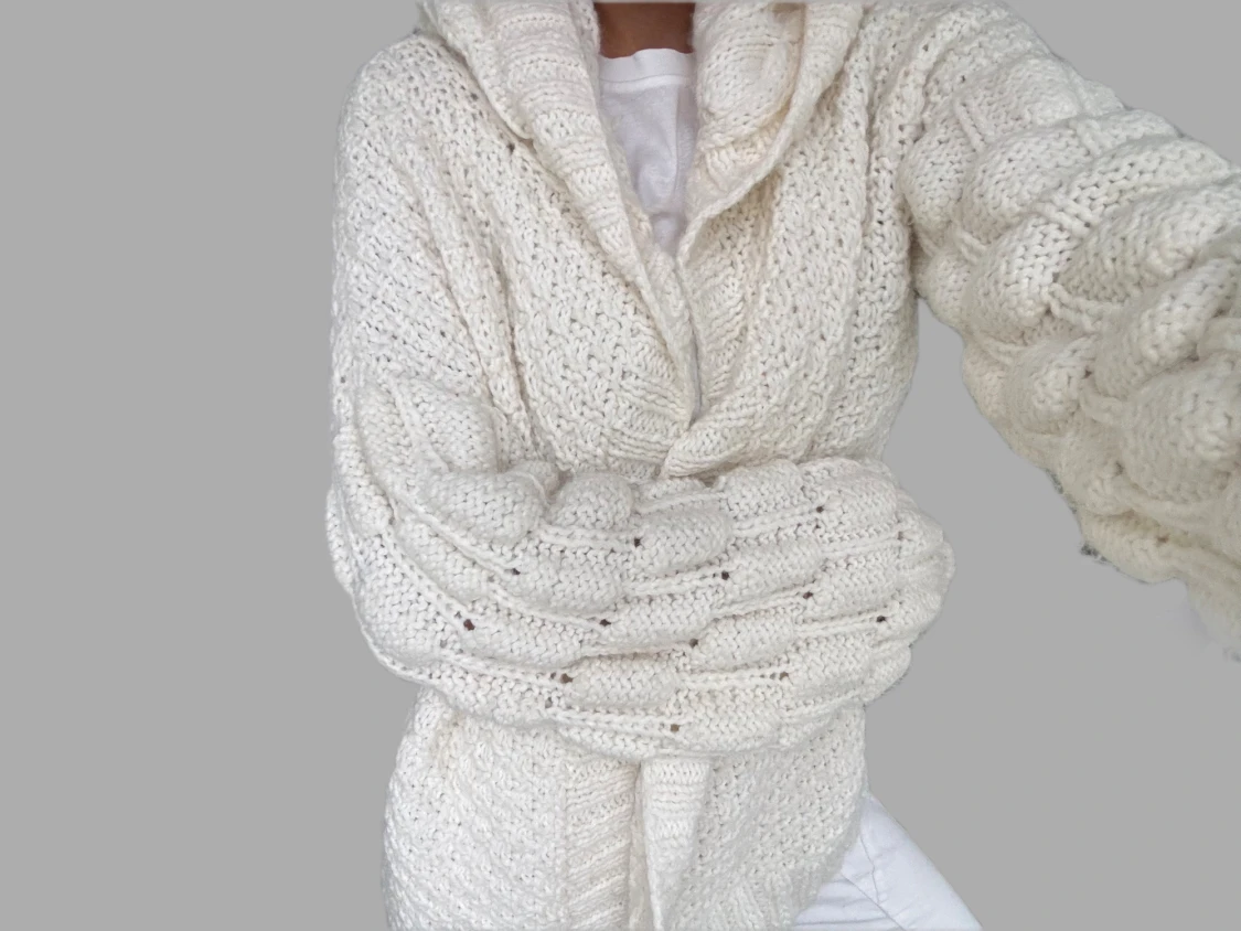 Vit chunky stickad kofta i ull - 3