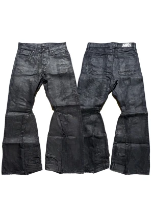 NVR Denim Pair 005 - NVR Denim — Pair [005]  1-of-1 denim. Handmade in Stockholm from reclaimed materials. No restocks. No repeats. Available on Vinted & Plick, or via Instagram DMs.  Fit: Baggy, Bootcut Price: 1200kr/~120$  Measurements Waist (A): 42cm Thigh (B): 26cm Leg Opening (C): 30cm Inseam (D): 76cm Outseam (E): 108cm