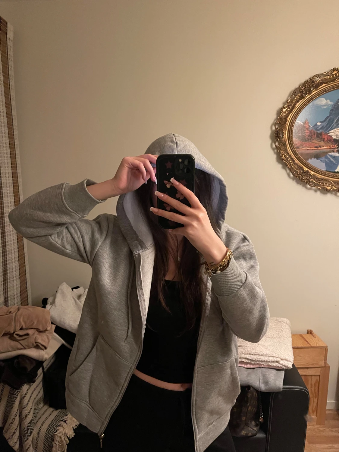 Grå hoodie med dragkedja och huva - 1