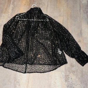 Svart paljettblus från Zara - Svart transparent blus från Zara, täckt med glittrande paljetter i guld och silver. Blusen har lång ärm, hög krage och loose passform. Perfekt för dig som vill sticka ut med en riktigt glammig look. Materialet är lätt och meshigt, vilket ger en cool vibe.