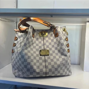 Louis Vuitton rutig handväska - Snygg handväska från Louis Vuitton med klassiskt rutigt mönster i vitt och grått. Väskan har bruna skinnhandtag, guldfärgade metalldetaljer och dekorativa nitar på sidorna. Perfekt storlek för att få plats med allt du behöver och en lyxig känsla.