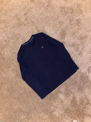 Mörkblå långärmad topp från GANT - Säljer en stilren mörkblå långärmad topp från GANT med rund hals och diskret logga broderad på bröstet. Toppen är gjord i mjuk bomull och har vita ränder på insidan av halsringningen. Perfekt för dig som gillar klassisk och enkel design.