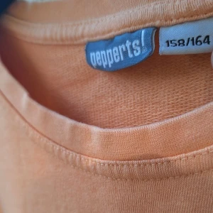 Persikofärgad långärmad tröja Pepperts - Säljer en persikofärgad långärmad tröja från Pepperts med vit textdetalj på bröstet där det står 'we only have now' i cirkel. Tröjan har rund halsringning och är gjord i mjuk bomull, perfekt för chill dagar.