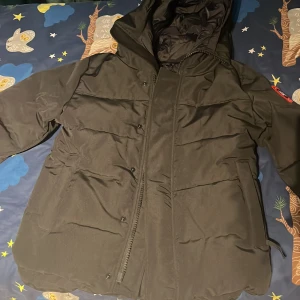 Svart dunjacka från Canada Goose - Säljer en svart dunjacka från Canada Goose med huva och klassisk logga på ärmen. Jackan är quiltad och har dragkedja framtill. Perfekt för kalla dagar och har en clean, stilren look som funkar till det mesta.