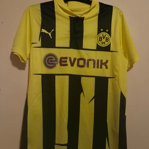 Borussia Dortmund Lewandowski tröja - Gul och svart randig Borussia Dortmund matchtröja från Puma med Lewandowski och nummer 9 på ryggen. Klassisk krage, korta ärmar och ventilerande meshpaneler på sidorna. Tryckt sponsorlogga på bröstet och klubbmärke på både fram- och baksida.