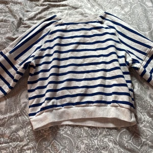 Randig sweatshirt i bomull - Säljer en relaxed sweatshirt med blå och vita ränder. Tröjan har rund hals, långa ärmar med muddar och är gjord i mjuk bomull. Perfekt för chill dagar och enkel att styla med jeans eller shorts.