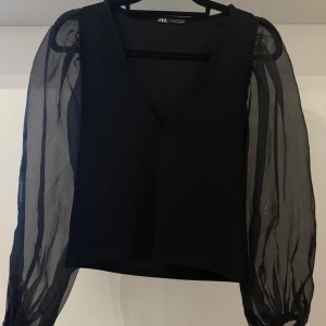 Svart blus med transparenta ärmar från Zara - Säljer en svart blus från Zara med v-ringning och långa, transparenta ärmar. Kroppen är i ett mjukare tyg och ärmarna har puffig effekt. Perfekt för dig som vill ha en stilren men ändå unik topp.