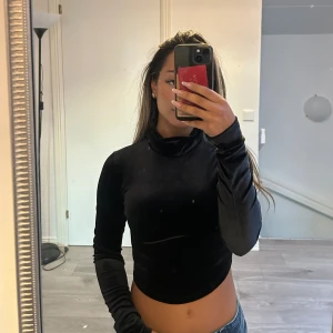 Svart sammets polotopp med öppen rygg - Säljer en svart sammets polotopp med lång ärm och croppad passform. Toppen har en snygg öppen rygg som ger en extra detalj. Perfekt för dig som vill ha något stilrent men ändå lite extra.