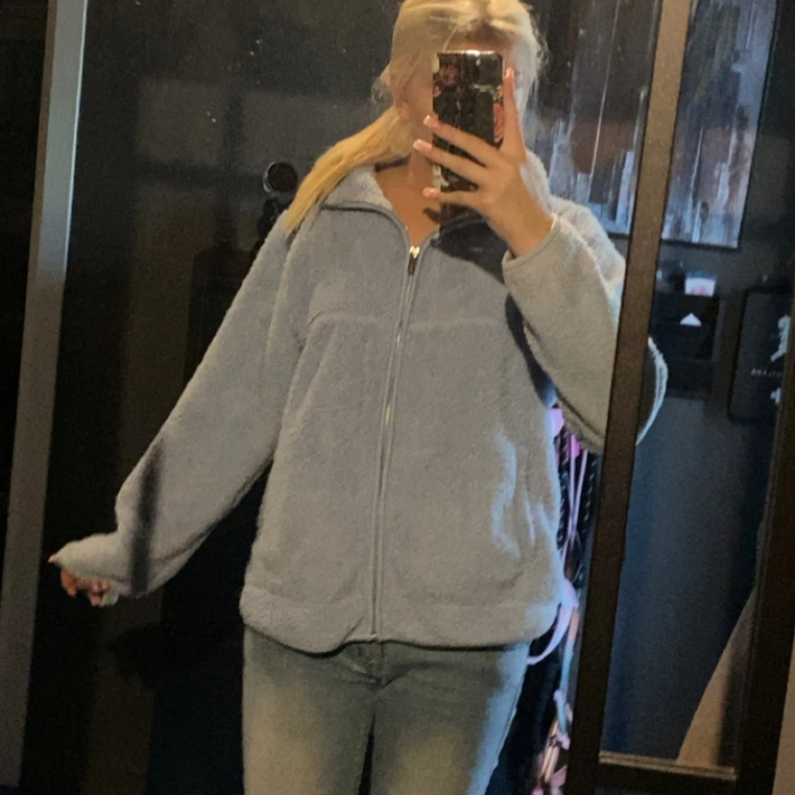 Ljusblå teddyjacka med dragkedja - 1