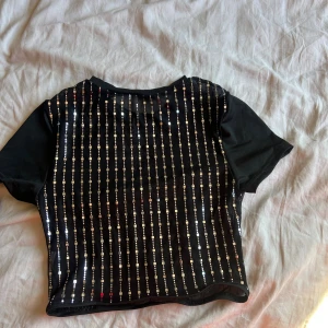 Svart paljettopp med kort ärm - Snygg svart topp med korta ärmar och croppad passform. Toppen är i mesh tyg (mörkt men lite genomskinligt) och är täckt av vertikala rader med glittrande paljetter i silver, vilket ger en festlig och trendig look. Den ser likadan ut fram och baktill. 