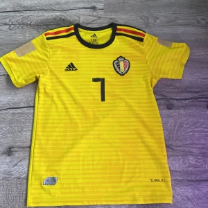 Belgien De Bruyne fotbollströja Adidas - Gul Belgien fotbollströja från Adidas med De Bruyne och nummer 7 på ryggen. Tröjan har svarta och röda detaljer på axlarna, klubbmärke på bröstet och är tillverkad i lätt Climalite-material. Kortärmad modell med subtilt randigt mönster.