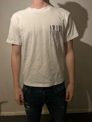 Vit AMIRI t-shirt med tryck - Snygg vit t-shirt från AMIRI i bomull med tryck på bröstet och ryggen där loggan droppar i färg. Klassisk passform och rund halsringning. Har kvar lapp. 