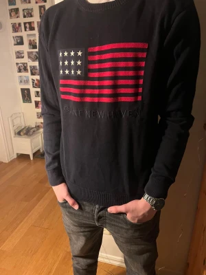 Mörk blå Gant tröja med usa flagga  - Säljer denna as feta tröjan från GANT. Den är jätte skön och har väldigt bra passform. Modellen är 183,74 kg och tröjan är i storlek L. Tröjan är i toppskick utan några defekter✌️