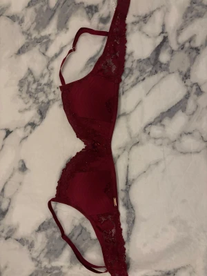 Vinröd spets-bh från Censored 80B - Snygg vinröd bh från Censored i storlek 80B med spetsdetaljer och tunna axelband. Bh:n har dekorativa små paljetter och en metallbricka med loggan framtill. Kuporna är lätt vadderade och har ett diskret randigt mönster.