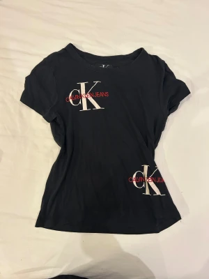 Svart t-shirt från Calvin Klein Jeans - Svart t-shirt från Calvin Klein Jeans med stort vitt CK-tryck och röd broderad logga på bröstet och nedtill. Klassisk rund halsringning och korta ärmar. Tillverkad i mjuk bomull för en skön känsla.