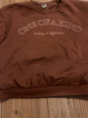 Brun sweatshirt från Lindex med text - Säljer en brun sweatshirt från Lindex med trycket 'ONE OF A KIND making a difference' på bröstet. Tröjan har rund hals, ribbade muddar och är i mjukt material som passar perfekt till höst och vinter. Enkel och snygg design som funkar till det mesta.