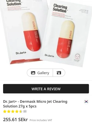 Dr.Jart+ Clearing Solution Sheet Mask - Dr.Jart+ Dermask Micro Jet Clearing Solution är en ansiktsmask i sheet-form som kommer i en vit och röd förpackning. Masken är framtagen för att lugna och rengöra huden och innehåller 5 stycken engångsmasker à 27g.