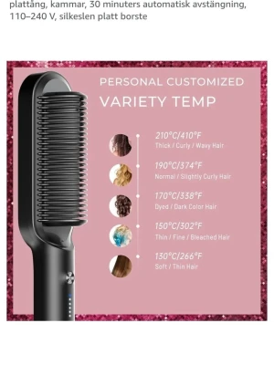 Tymo plattborste med värme (tiktok favvo) - En tiktok favorit, svart och rosa plattborste från Tymo med justerbar temperatur mellan 130°C och 210°C. Borsten har en anti-burn-skal och PTC-värmeelement, perfekt för att styla och platta håret snabbt. Ergonomisk design och digital display för enkel användning. Använt 1-2 gånger endast. Bara handskar o skyddfodralet följer med då det är de enda jag hittar😅 köptes för cirka 1400kr från amazon