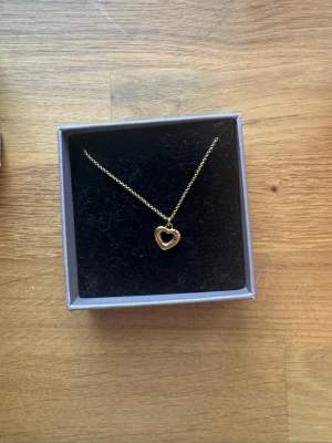 Guldigt halsband med hjärthänge Edblad - Säljer ett stilrent halsband från Edblad i guldton med ett öppet hjärthänge. Kedjan är tunn och smidig, perfekt för att ge en söt touch till din outfit. Kommer i original ask. Passar dig som gillar minimalistiska smycken med en romantisk vibe.