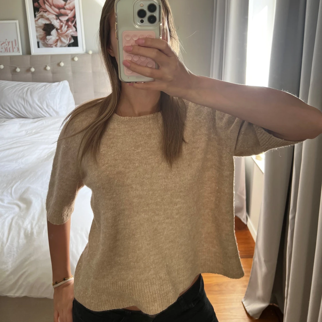 kortärmad stickad tröja  - 1