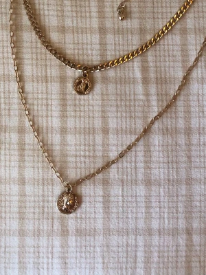 Halsband mynt kedjor - Guldigt halsband som består av två kedjor med antikt utformade mynt. 