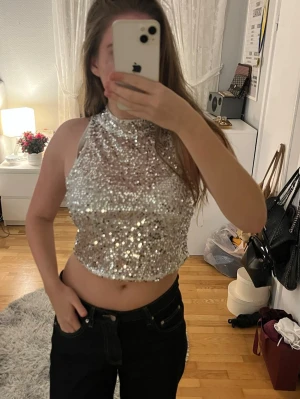 Glittrig croppad paljettopp - Säljer en glittrig croppad topp med paljetter i silver. Toppen är ärmlös med hög hals och sitter tight. Perfekt för dig som vill sticka ut och glänsa lite extra.