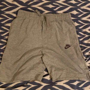 Grå Nike shorts med snörning L i barnstorlek (147-158) - Snygga grå shorts från Nike i storlek 147-158, med broderad logga på benet. De har elastisk midja med snörning och är gjorda i mjuk bomullsmix. Perfekta för chill eller träning, klassisk loose fit och neutralt grå färg som passar till allt. Storlek 147-158. Katthår kan föremkomma. 