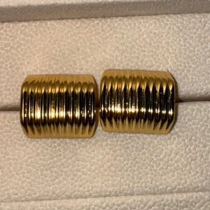 Guldpläterade ribbade örhängen - Superfina och coola örhängen från muli collection.   De har små repor på sidorna av örhängena men det var tyvärr väldigt svårt att fånga på bild men jag har gjort så gott det gick   I övrigt inget att anmärka på och reporna påverkar inte själva användningen (obs de är oanvända men har förmodligen fått reporna av andra smycken)  Nypris 599kr